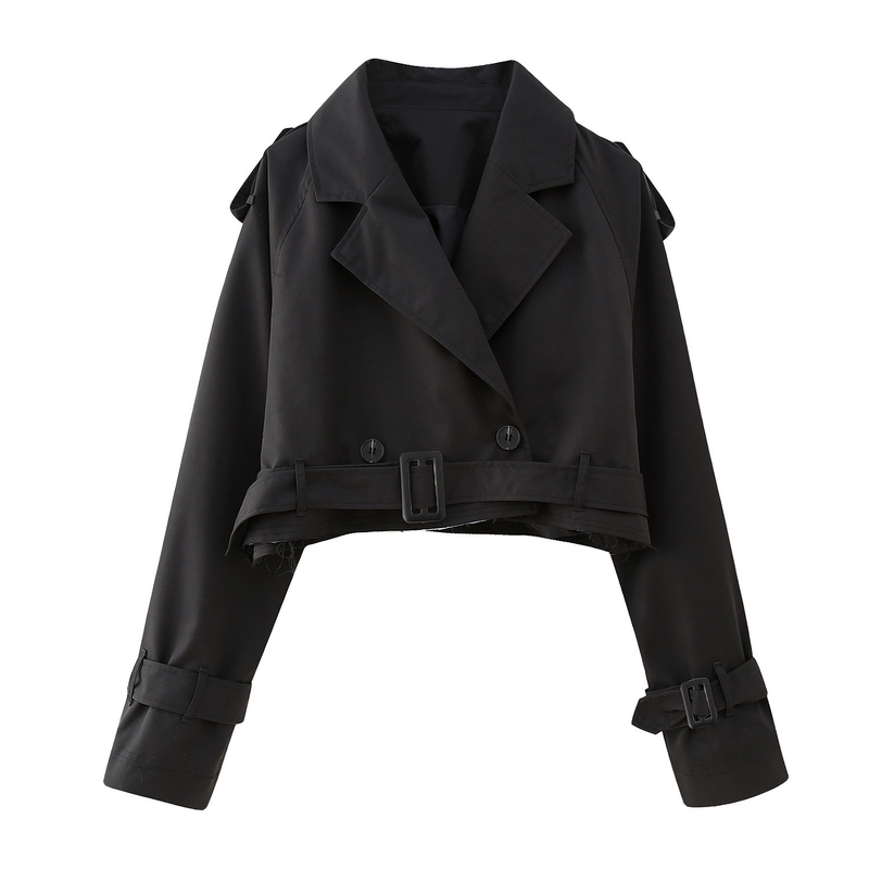 New women's European and American style belted long sleeved short casual windbreaker jacket_autovado.com