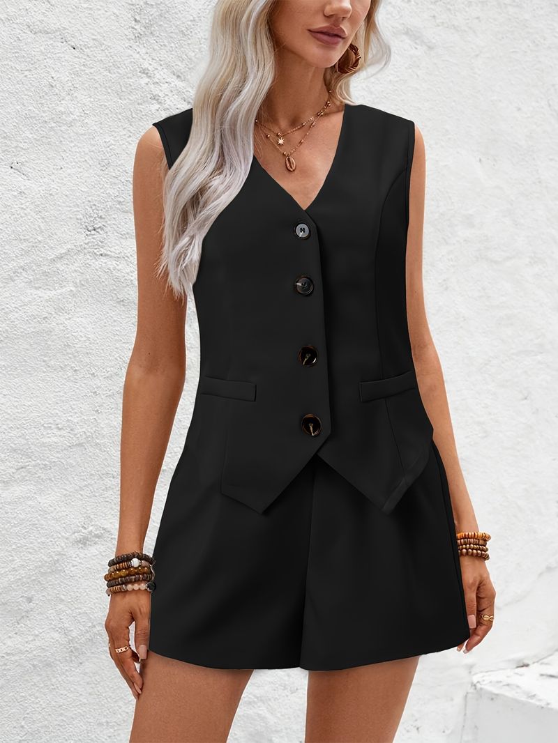 Women's Clothing new elegant commuter V neck button decoration vest shorts short two piece suit _autovado.com