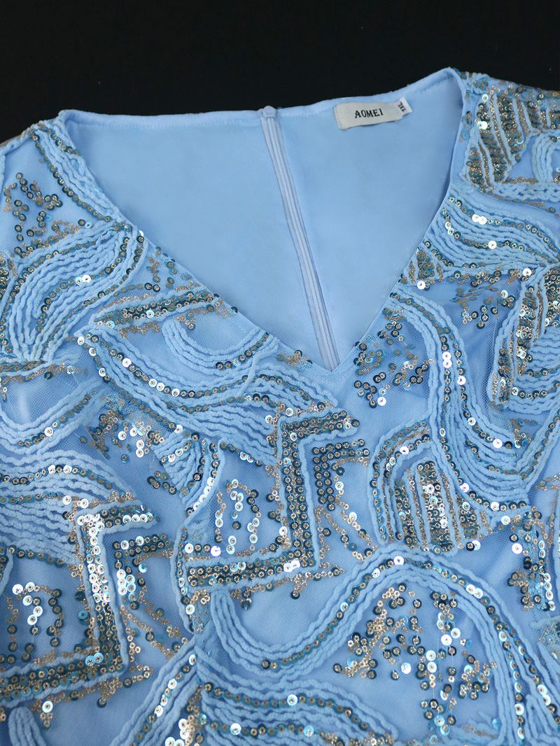 Large size women's V-neck sequined dress Birthday party dress Party dress_autovado.com