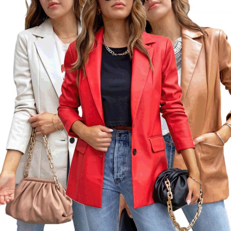 Women's Clothing Street Style Pure Color Casual Fashion Three color Leather Jacket _autovado.com