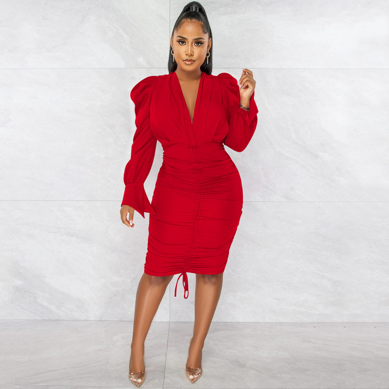 Women's Clothing fashion casual solid color long-sleeved pleated V-neck dress for women_autovado.com