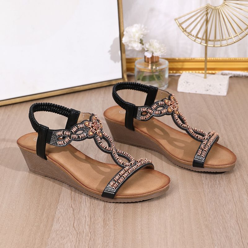 Women's fashion fashion wood bead rhinestone wedge heel comfortable large size sandals_autovado.com
