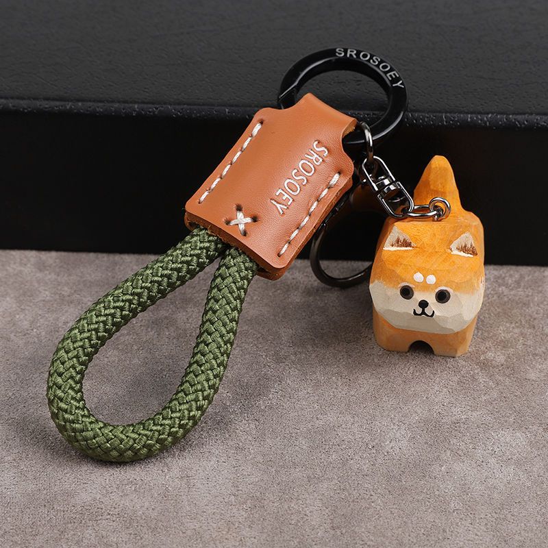 Woodcarving Shiba Inu Creative Cute Keychain Keychain Car Safety Braided Keychain Gift For Boyfriend And Girlfriend_autovado.com
