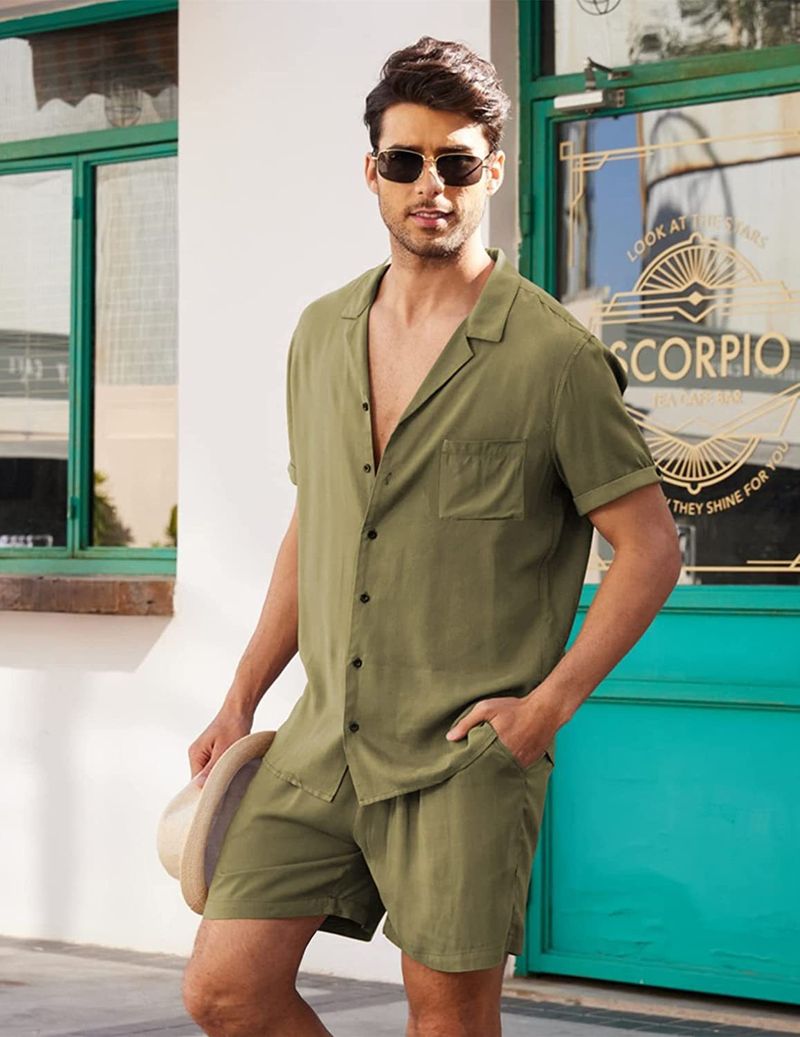 Men's Clothing Linen Short Sleeve Shirt Set Linen Summer Loose Casual Cotton Linen Cardigan Shirt Shorts_autovado.com