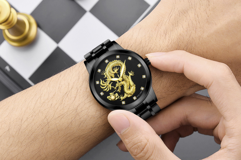 Men's Quartz Watch Men's Watch Diamond Yellow Gold Luminous Waterproof Steel Belt Relief Dragon Totem Watch_autovado.com
