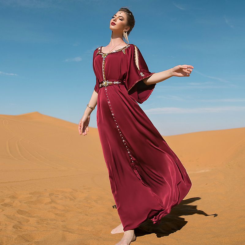 Women's clothing Burgundy off-shoulder hand-stitched diamond design dress Middle Eastern party holiday gift_autovado.com