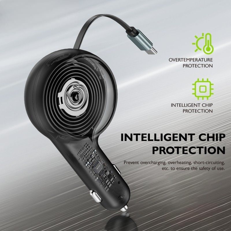 In Car 60W Type C Fast Charger With Retractable Cable_autovado.com