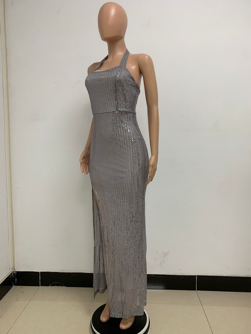 Women's slit sleeveless hot girl dress female halter neck backless sequin dress skirt_autovado.com