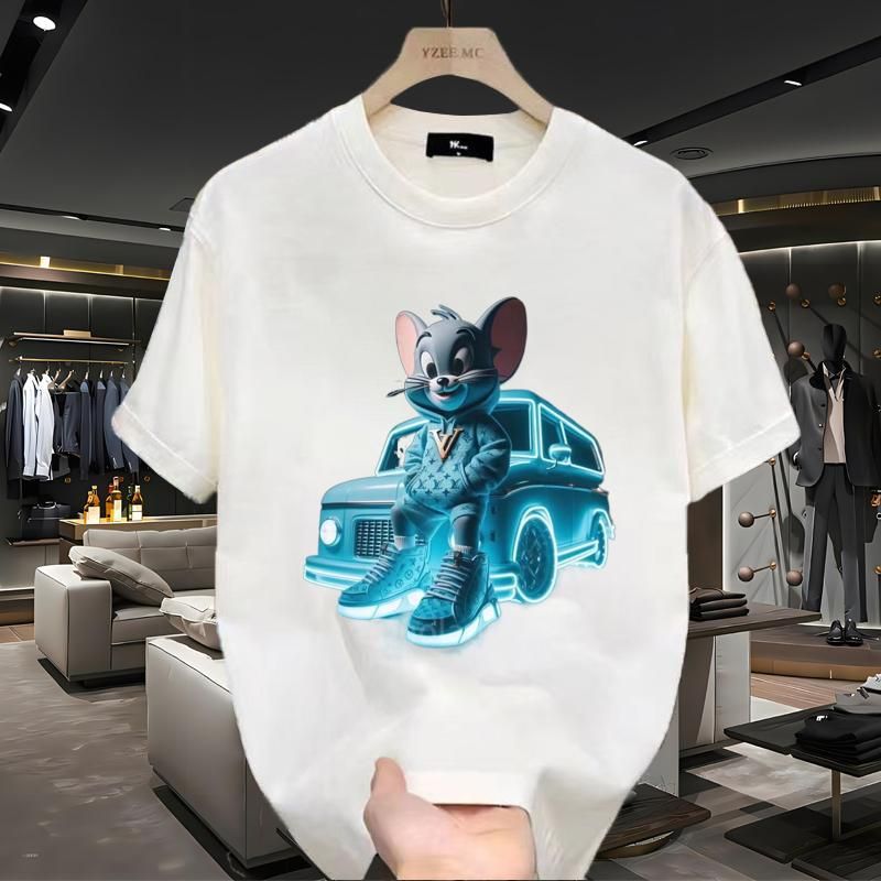 Men's clothing Summer pure cotton style handsome heavy short-sleeved T-shirt for young men and women ins brand loose printed round neck top_autovado.com