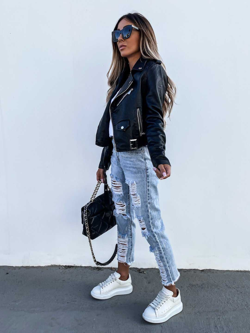 Women's jacket top PU leather jacket motorcycle short zipper_autovado.com