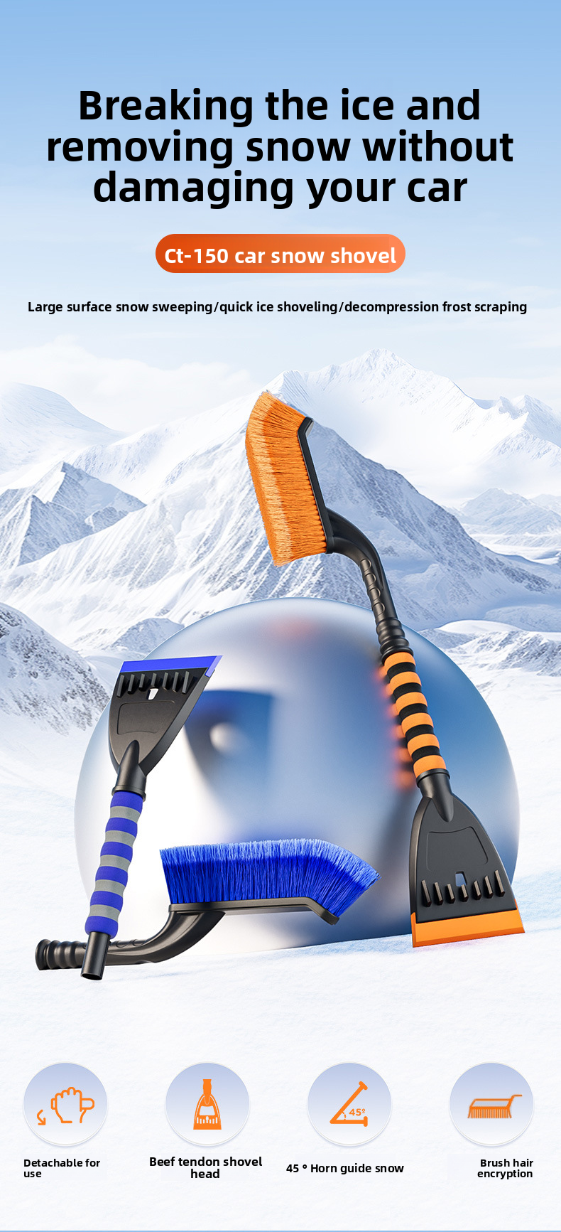 Car Detachable Car-mounted Ice Scraper Brush Winter Tool Rubber Snow Removal Shovel_autovado.com