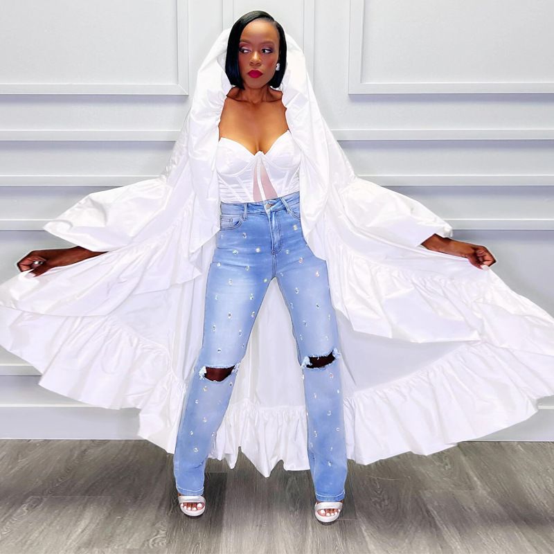 Women's Clothing new women's long windbreaker autumn new solid color ruffled shawl coat_autovado.com