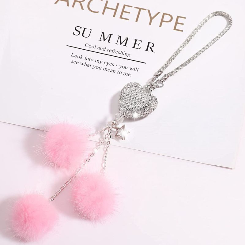 New Heart Hair Ball Rearview Mirror Decoration Car Diamond Pendant Female_autovado.com