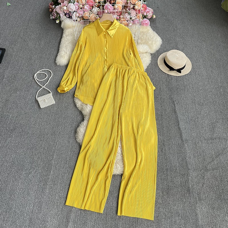 Women's Fashion Clean Color Shirt Two-piece Set Of High Waist Vertical Vertical Wide Leg Pants_autovado.com