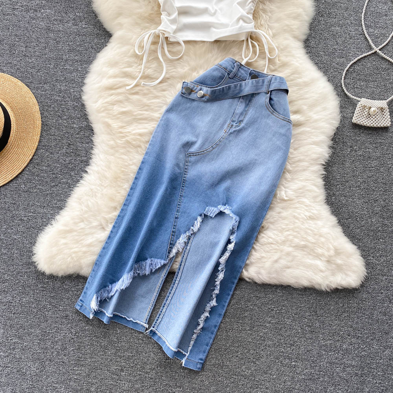 Women's Smocked Strappy Shoulder Vest Irregular Raw Edge Slit Denim Skirt Two-piece Set_autovado.com