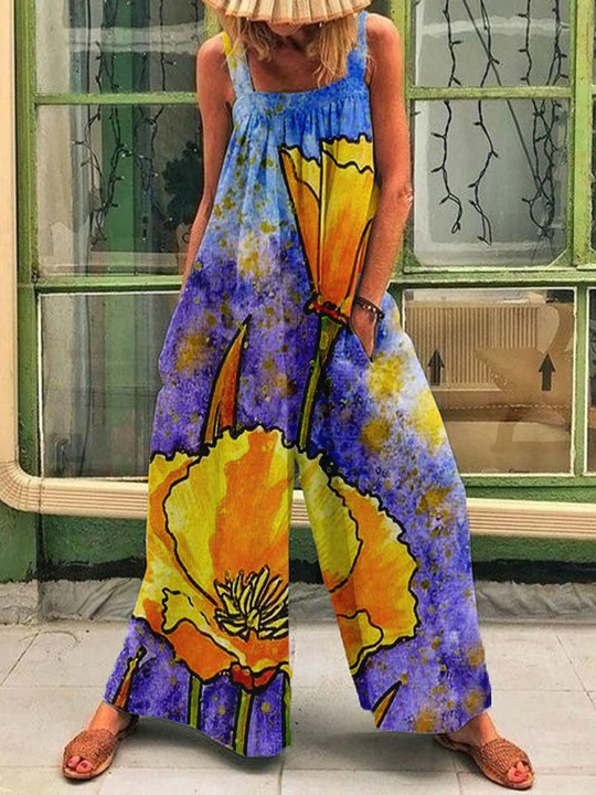 Women's 2023 Summer New Large Fashion Print Loose Strap Wide Leg Jumpsuit_autovado.com