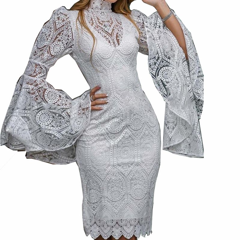 Women's Clothing women's lace embroidery trumpet sleeve dress hot selling slim banquet evening dress _autovado.com