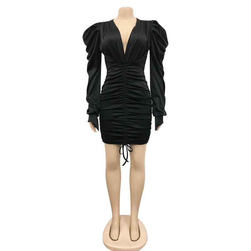 Women's Clothing fashion casual solid color long-sleeved pleated V-neck dress for women_autovado.com