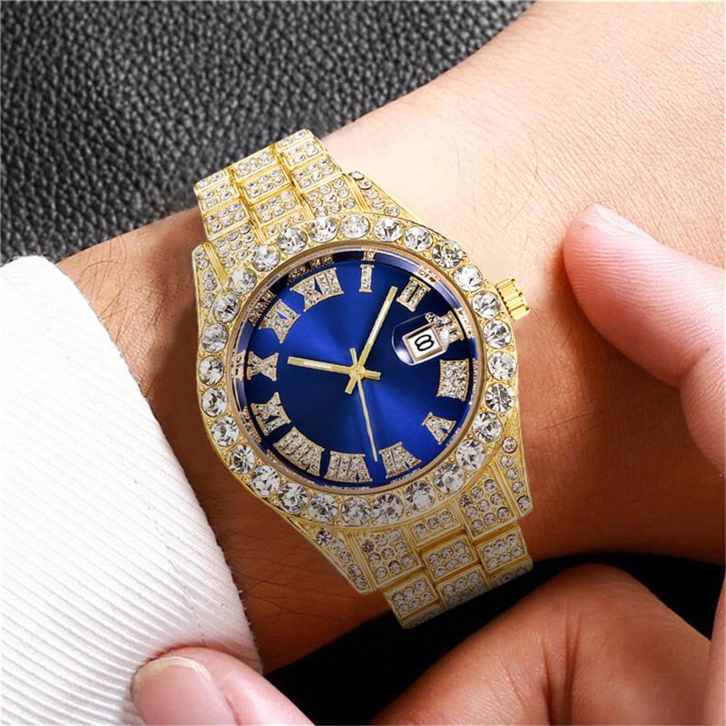 New men's steel belt quartz watch hip-hop business steel belt calendar men's full diamond men's watch men's_autovado.com