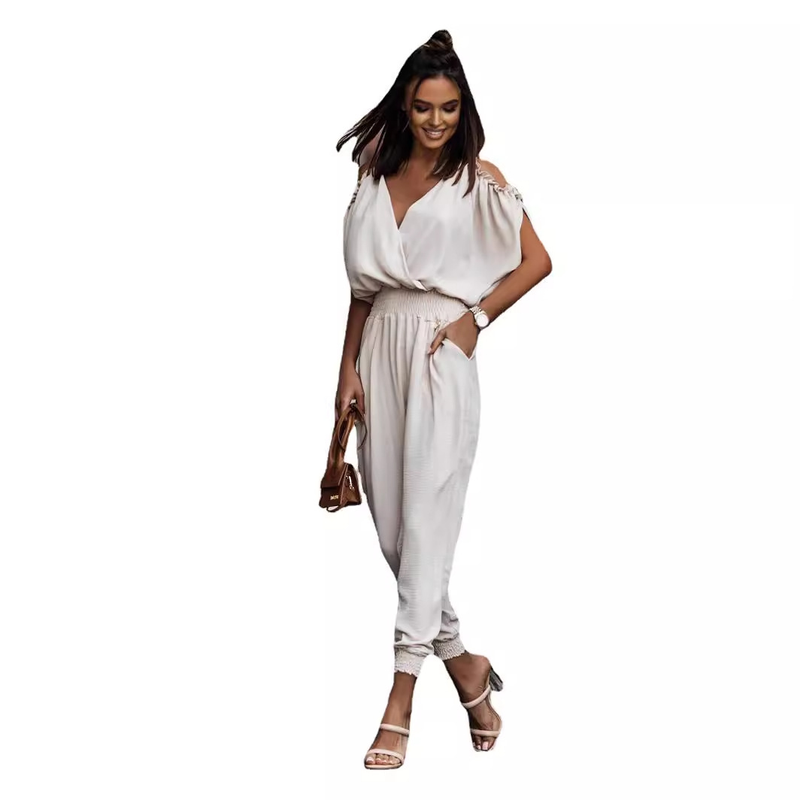 Women V-neck pocket jumpsuit with elastic waist casual pants_autovado.com