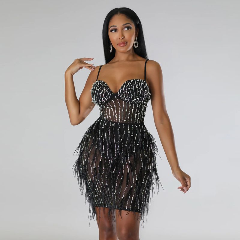 Women's Clothing sleeveless suspender hot diamond feather dress for women_autovado.com