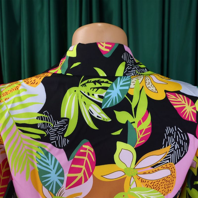 Women's Fashion Print Two-piece Suit Lapel Tie Shirt Wide Leg Pants Suit_autovado.com