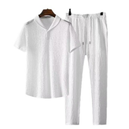 Men's Clothing White Casual Sports Suit For Men In Summer With Lapel, Fashionable, Light Luxury, Pleated Two-piece Suit, Thin And Handsome, Trendy_autovado.com