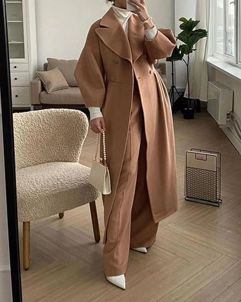 Women's woolen coat intellectual wind pocket lapel winter new solid color lantern sleeve female coat_autovado.com