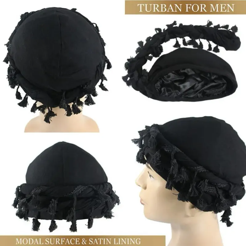 Hot Sale 2024 Men Punk Burr Trim Twisted Tail Fringe Cotton Bandana Hop Turban Hats Head Wrap Beanie Cap Solid Color Docker Hat_autovado.com
