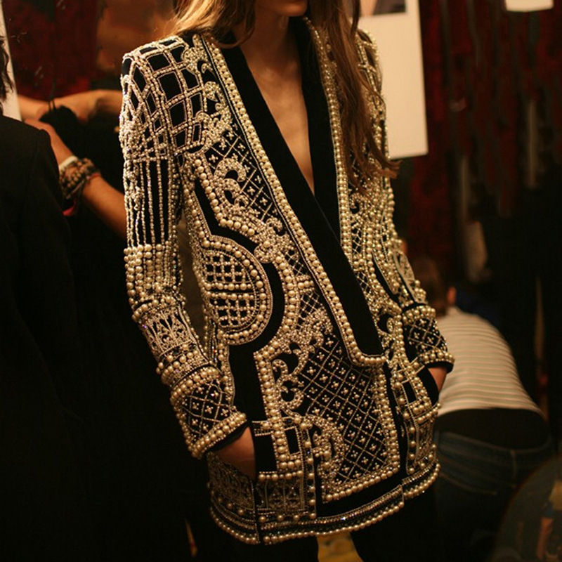 Women's autumn fashion V-neck long-sleeved thickened mid-length suit jacket_autovado.com
