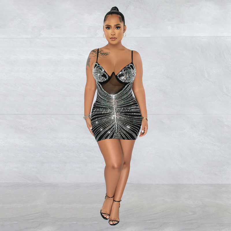 Women's hot diamond mesh suspender sleeveless short skirt dress_autovado.com