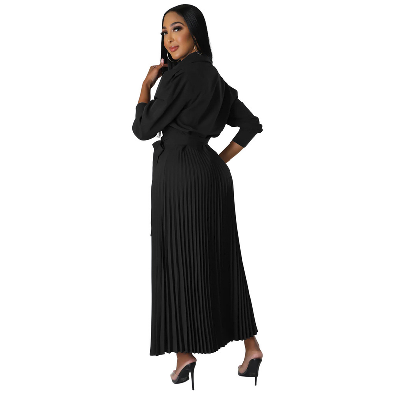 Long sleeved Polo collar high waist fashion casual pleated women's dress_autovado.com
