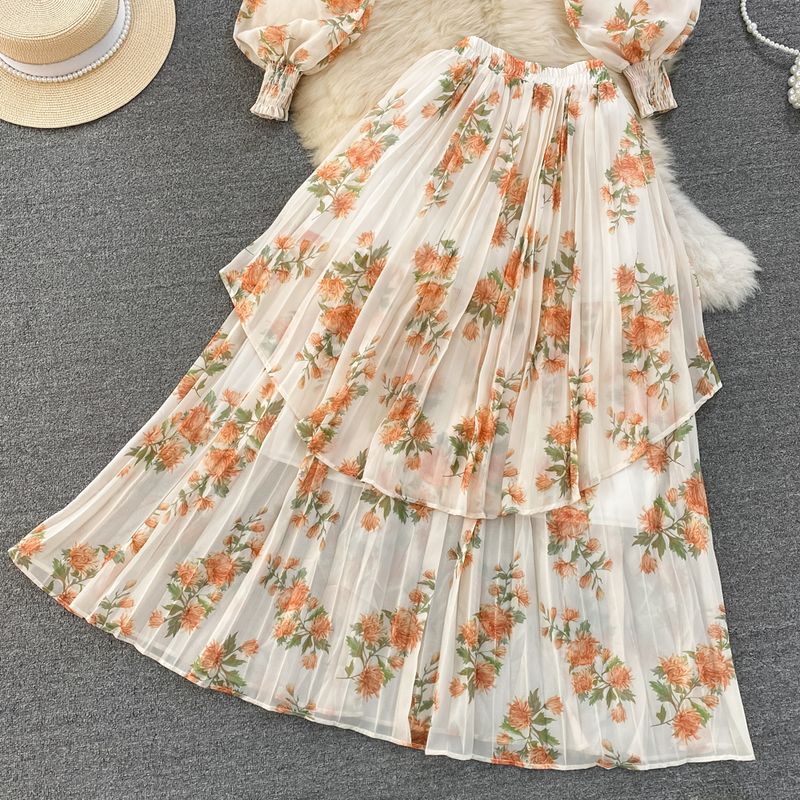 Women's Clothing light mature style, lantern long sleeves, bowknot, loose printed chiffon shirt, two-piece suit, high waist skirt_autovado.com