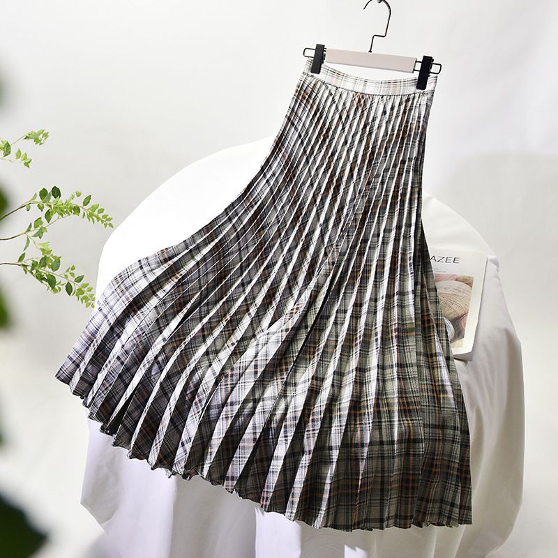 Women's Clothing Chic temperament slim plus size pleated skirt autumn and winter new high waist A line skirt women's medium and long_autovado.com
