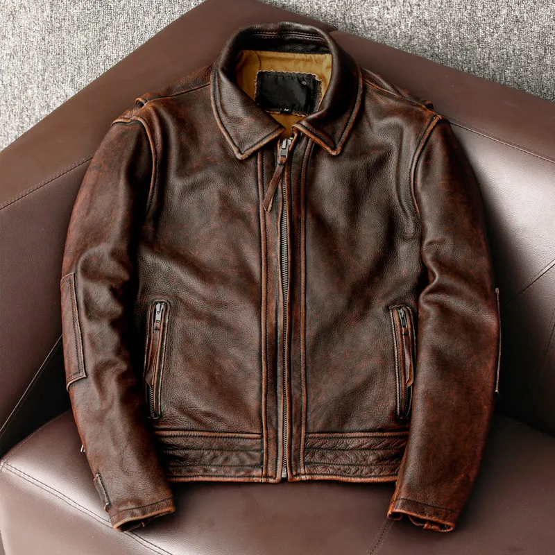 Men Genuine Leather Jacket Vintage Brown 100% Cowhide Coat Man Slim Fashion Biker Clothing Asian Size S6XL M697 Drop_autovado.com