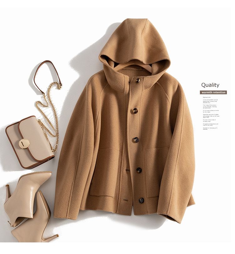 Women's Clothing quality double sided wool coat with hood and short button for women_autovado.com