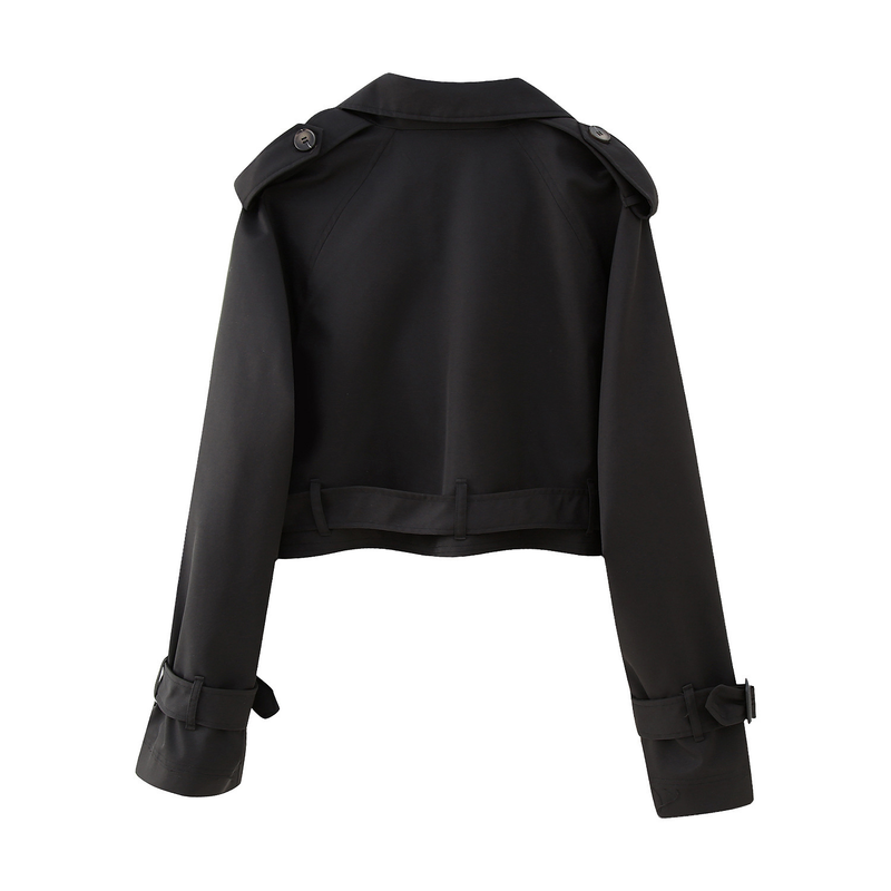 New women's European and American style belted long sleeved short casual windbreaker jacket_autovado.com