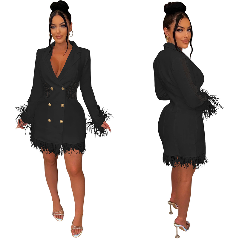 Women's fashion women's V-neck long-sleeved double-breasted tassel openwork dress_autovado.com