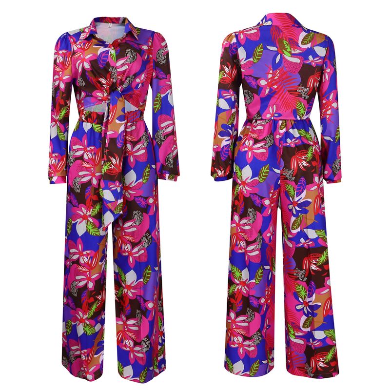 Women's Fashion Print Two-piece Suit Lapel Tie Shirt Wide Leg Pants Suit_autovado.com