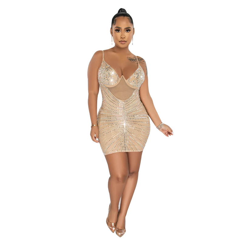 Women's hot diamond mesh suspender sleeveless short skirt dress_autovado.com