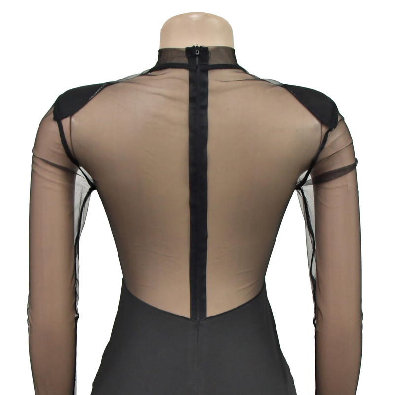 Women's solid color mesh rhinestone long-sleeved long skirt dress_autovado.com