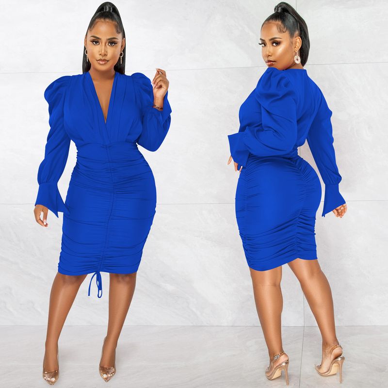 Women's Clothing fashion casual solid color long-sleeved pleated V-neck dress for women_autovado.com