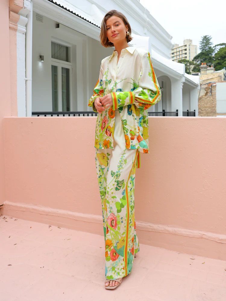 Women's Clothing new printed holiday long sleeved two piece suit INS loose casual trousers suit _autovado.com