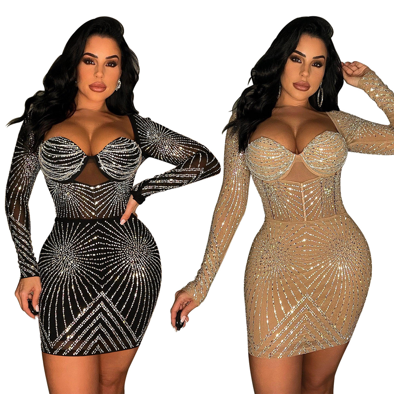 Women's solid color mesh rhinestone long-sleeved short skirt dress_autovado.com