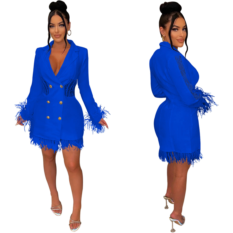 Women's fashion women's V-neck long-sleeved double-breasted tassel openwork dress_autovado.com