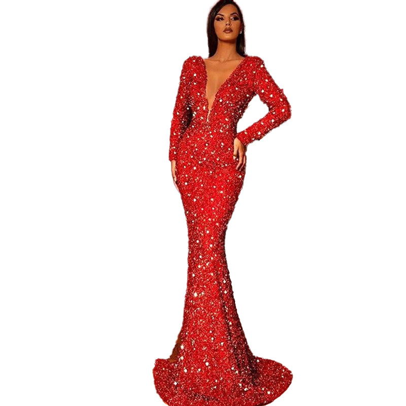 Women's Hip Dress Fishtail Edge Red Sequin Long Sleeve V-Neck Dress_autovado.com