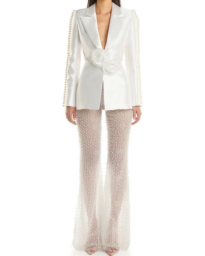 Women's Clothing New Style Hollow Beaded Three Dimensional Flower Suit Pearl Sequin Mesh Trousers Set_autovado.com