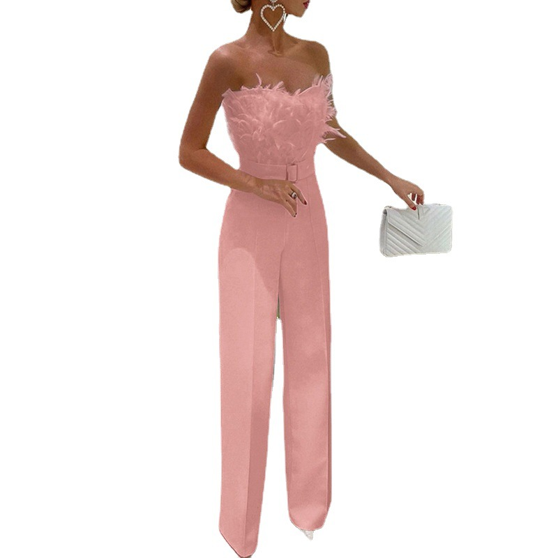 Women's feather patchwork sexy strapless fashion dress wide leg jumpsuit_autovado.com