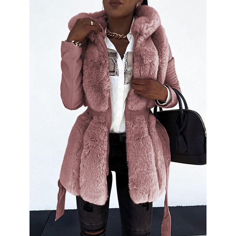 Women's fur coat Women's belted hooded solid color zipper jacket_autovado.com