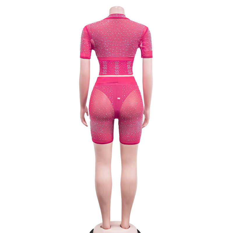 Women's Clothing fashion women's solid color mesh hot diamond short-sleeved shorts two-piece set_autovado.com